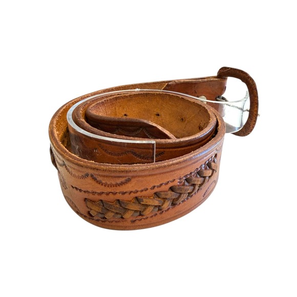Accessories - Vintage Hand Tooled Leather Belt Brown Braided Floral Stamped Western Boho 34